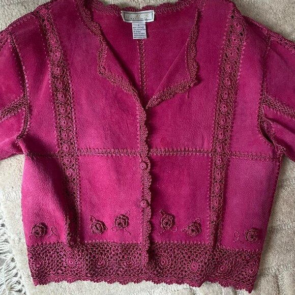 Vintage Magenta Suede Crochet LAce Jacket- Boho Y2K Romantic Style, Size Large - Picture 6 of 8